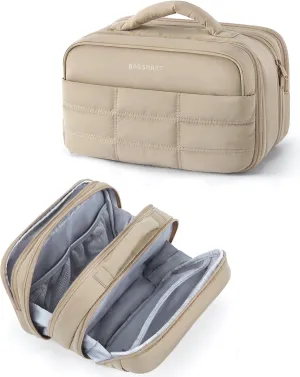 BAGSMART Toiletry Bag for Women, Travel Makeup Bag, Wide-open Portable Make Up Bag Organizer for Women for Travel Essentials Travel-Size Toiletries Accessories Bottles, Brushes, Khaki