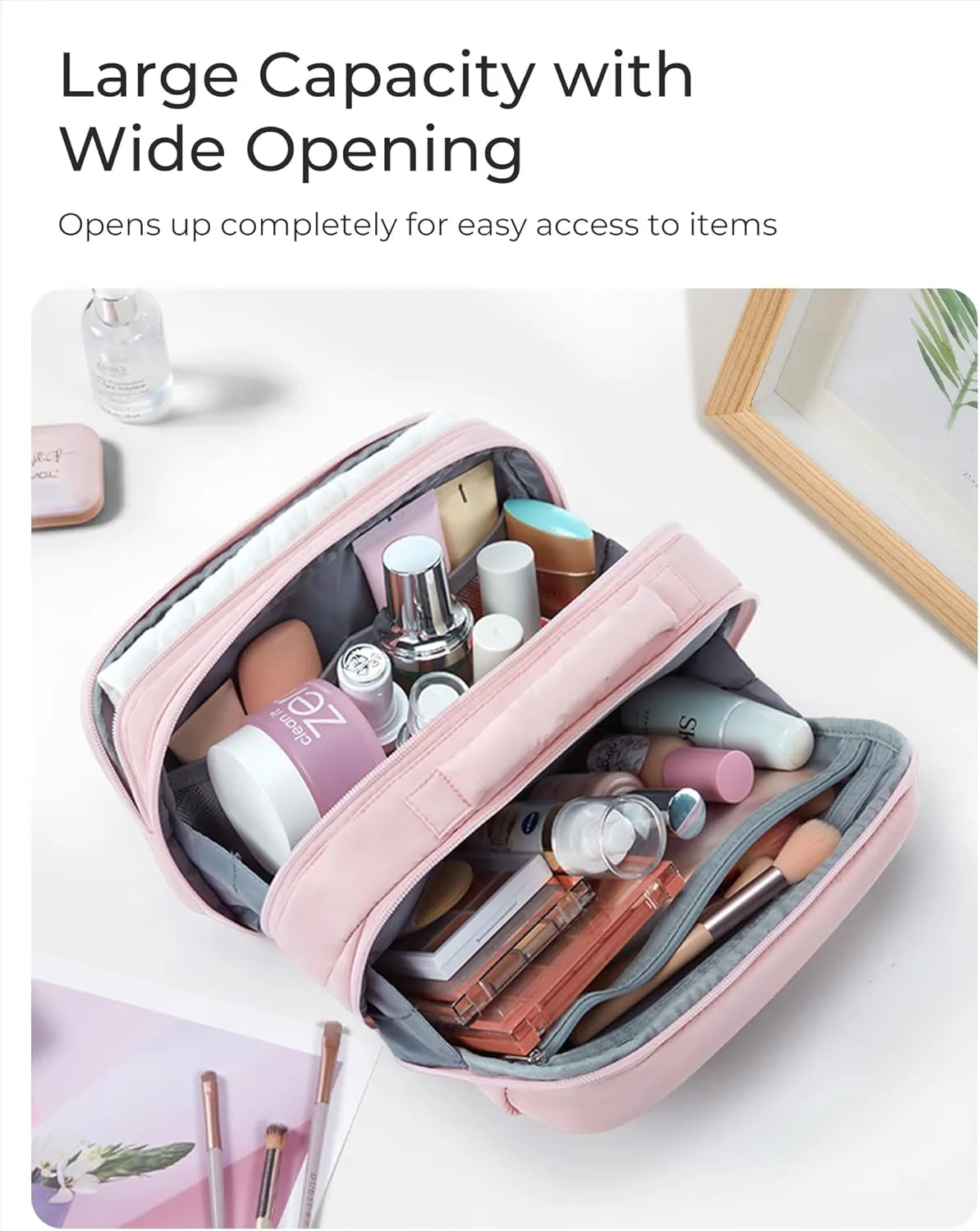BAGSMART Toiletry Bag for Women, Travel Makeup Bag, Wide-open Portable Make Up Bag Organizer for Women for Travel Essentials Travel-Size Toiletries Accessories Bottles, Brushes, Khaki