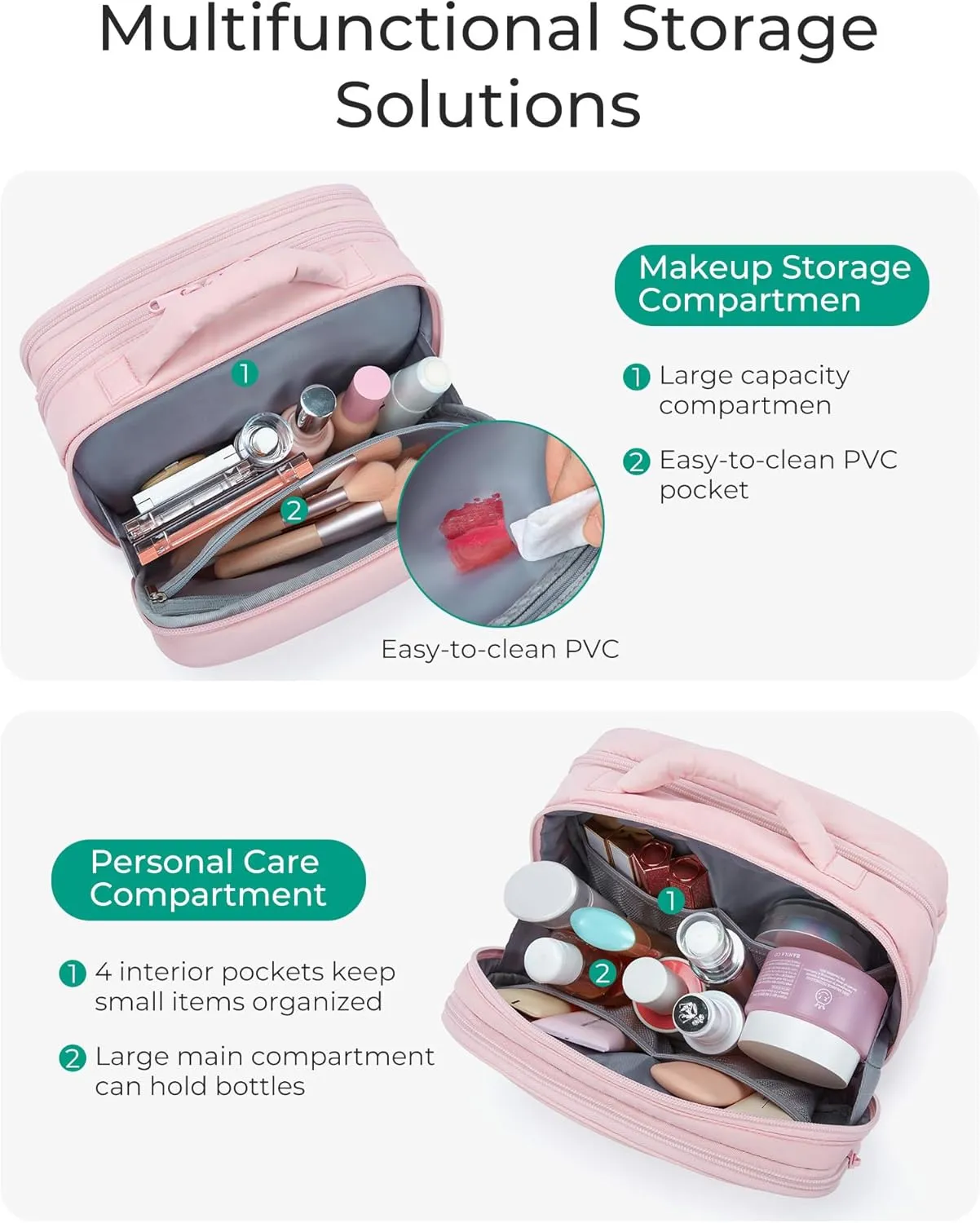 BAGSMART Toiletry Bag for Women, Travel Makeup Bag, Wide-open Portable Make Up Bag Organizer for Women for Travel Essentials Travel-Size Toiletries Accessories Bottles, Brushes, Khaki