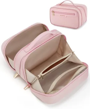 BAGSMART Travel Makeup Bag Large Capacity Cosmetic Bag, Wide-open Portable Make Up Bag Organizer for Women for Travel Essentials Toiletries Accessories Bottles, Brushes, Pink