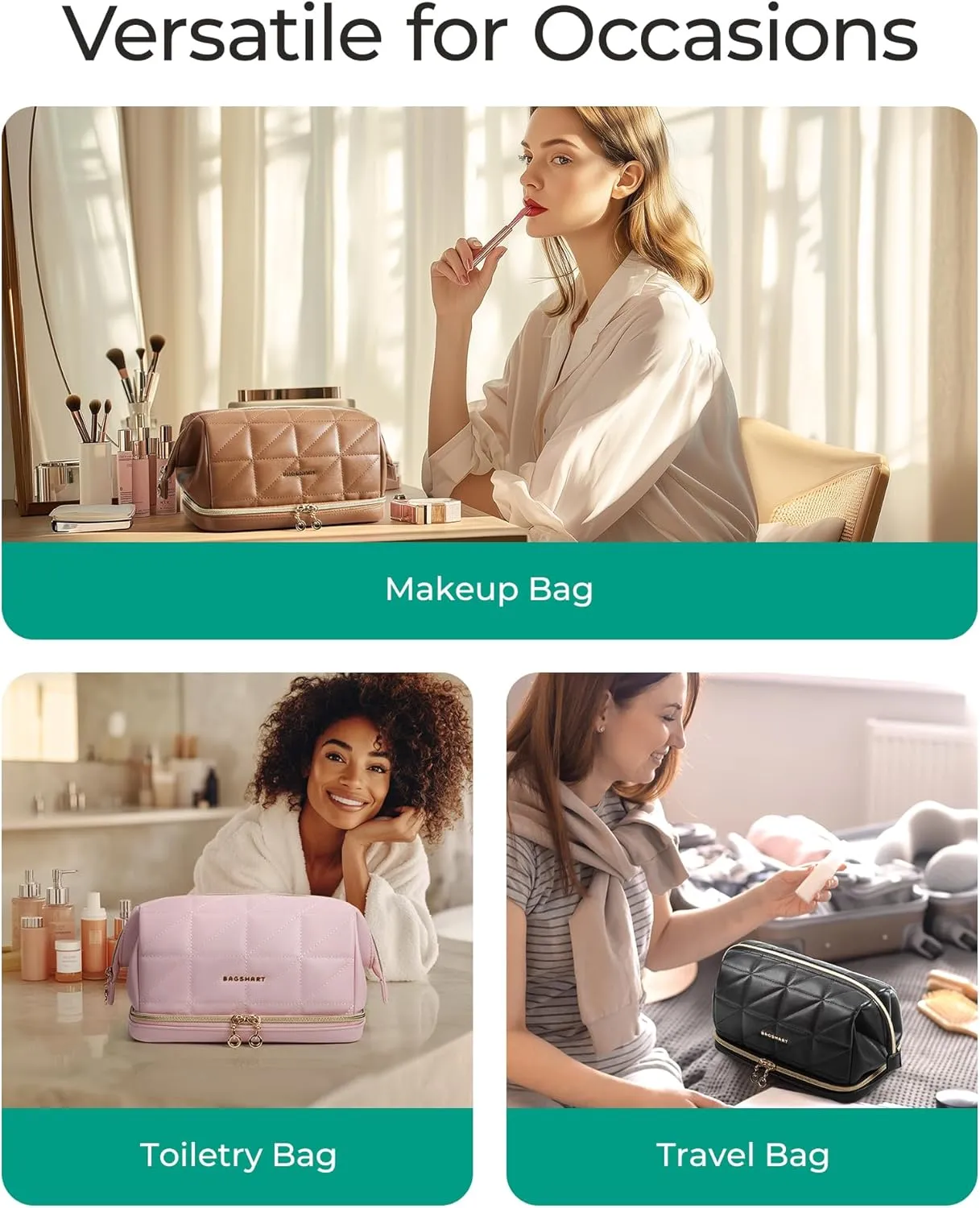 BAGSMART Travel Makeup Bag, PU Leather Waterproof Cosmetic Bags Makeup Bags for Women, Large Capacity Make up Bag, Wide-open Makeup Pouch for Travel Essentials, Bottles, Brushes (Black)