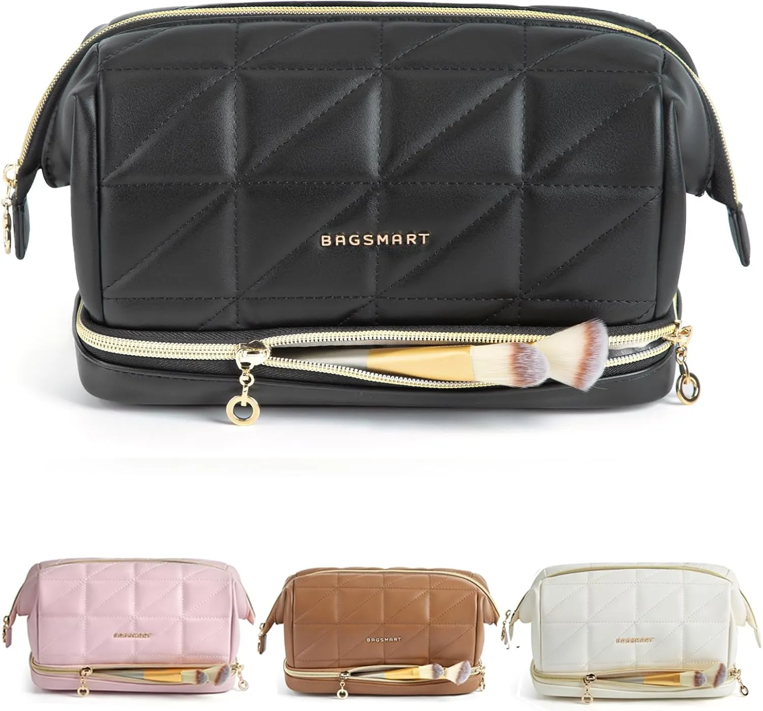 BAGSMART Travel Makeup Bag, PU Leather Waterproof Cosmetic Bags Makeup Bags for Women, Large Capacity Make up Bag, Wide-open Makeup Pouch for Travel Essentials, Bottles, Brushes (Black)