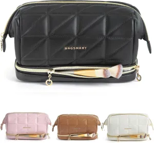 BAGSMART Travel Makeup Bag, PU Leather Waterproof Cosmetic Bags Makeup Bags for Women, Large Capacity Make up Bag, Wide-open Makeup Pouch for Travel Essentials, Bottles, Brushes (Black)