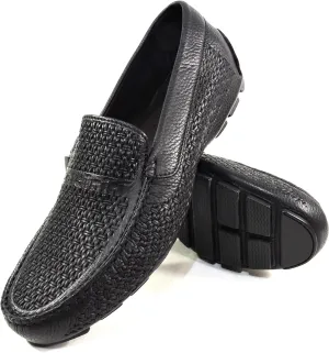 Baldinini Men's Black Woven Leather Loafers, Comfort Driving Moccasins, Slip-On Summer Shoes