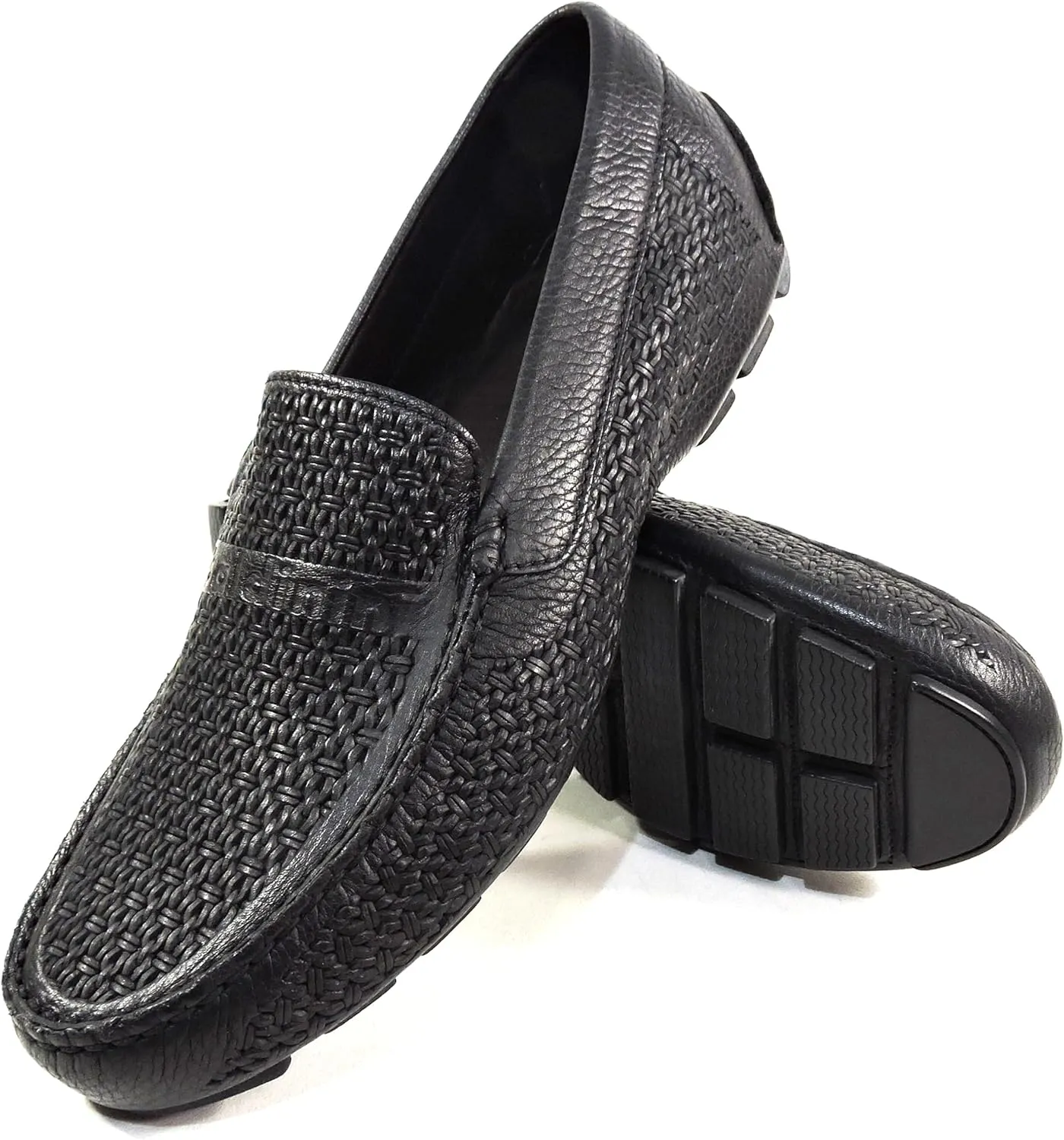 Baldinini Men's Black Woven Leather Loafers, Comfort Driving Moccasins, Slip-On Summer Shoes