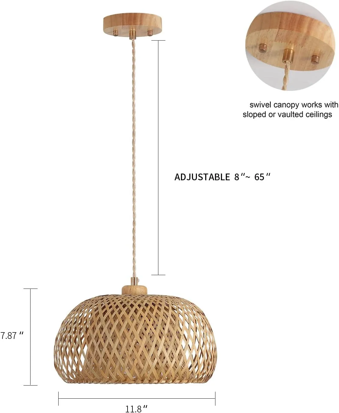 Bamboo Pendant Light Fixture One-Light Adjustable Boho Basket Handmade Woven Pendant Lighting for Kitchen Island Sink Farmhouse Dining Room