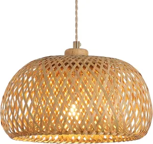 Bamboo Pendant Light Fixture One-Light Adjustable Boho Basket Handmade Woven Pendant Lighting for Kitchen Island Sink Farmhouse Dining Room