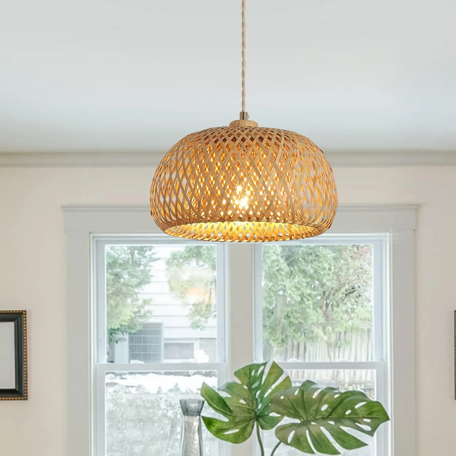 Bamboo Pendant Light Fixture One-Light Adjustable Boho Basket Handmade Woven Pendant Lighting for Kitchen Island Sink Farmhouse Dining Room