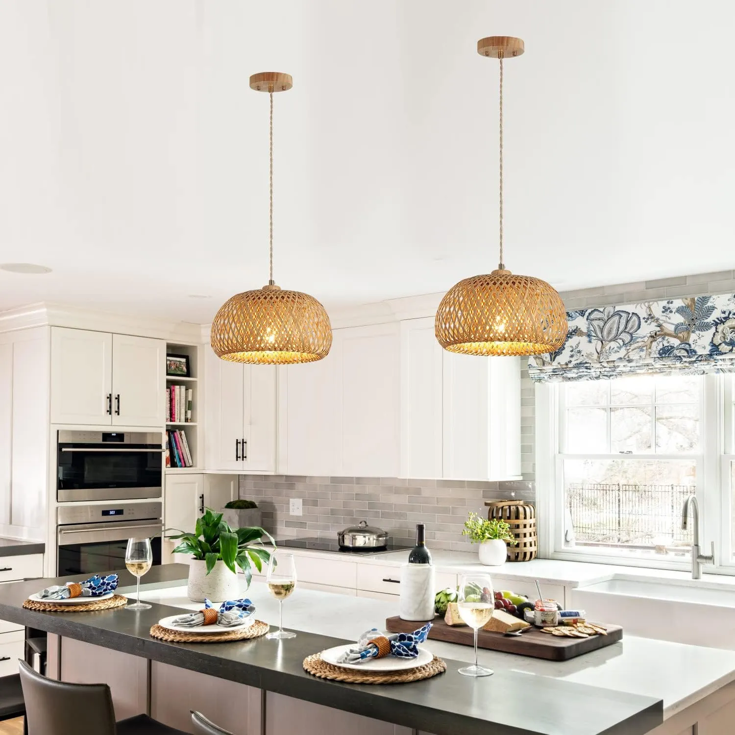 Bamboo Pendant Light Fixture One-Light Adjustable Boho Basket Handmade Woven Pendant Lighting for Kitchen Island Sink Farmhouse Dining Room