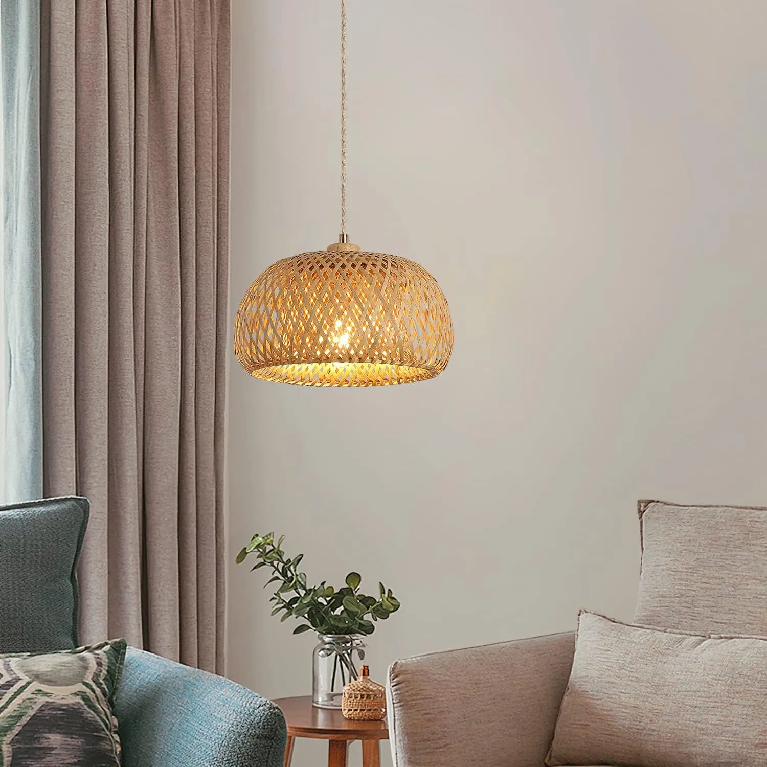 Bamboo Plug in Pendant Light with 14ft Handmade Woven Light Cord, Dimmable Switch, Boho Basket Hanging Lamp for Bedroom Kitchen Island Decor Farmhouse Living Room