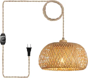 Bamboo Plug in Pendant Light with 14ft Handmade Woven Light Cord, Dimmable Switch, Boho Basket Hanging Lamp for Bedroom Kitchen Island Decor Farmhouse Living Room