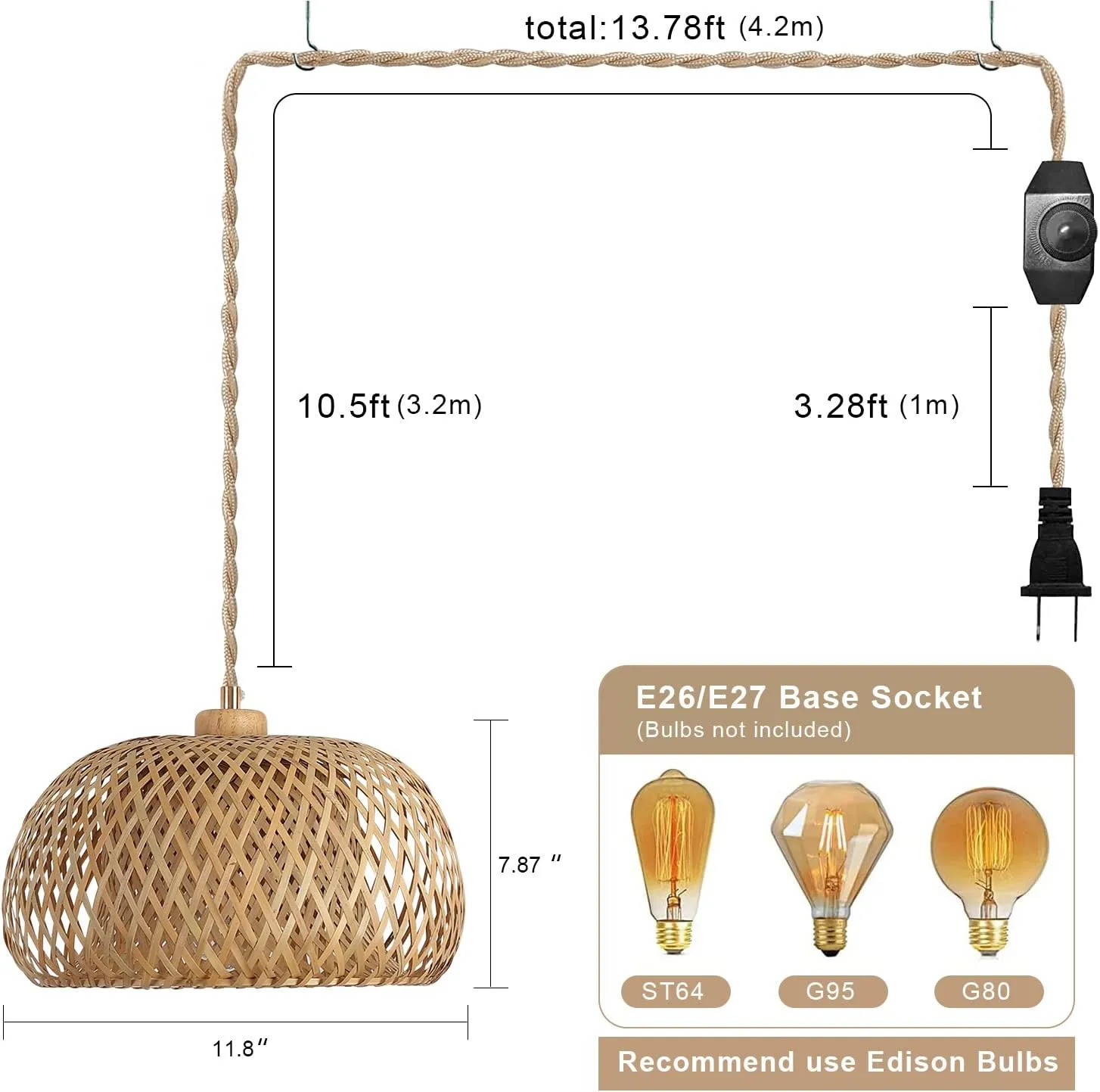 Bamboo Plug in Pendant Light with 14ft Handmade Woven Light Cord, Dimmable Switch, Boho Basket Hanging Lamp for Bedroom Kitchen Island Decor Farmhouse Living Room