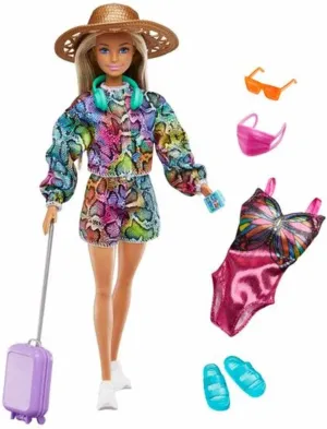 Barbie Doll & Accessories Set, Holiday Fun Summer Travel Fashion Doll, Blonde with Rainbow Jogger Top & Shorts, Swimsuit, Luggage & More