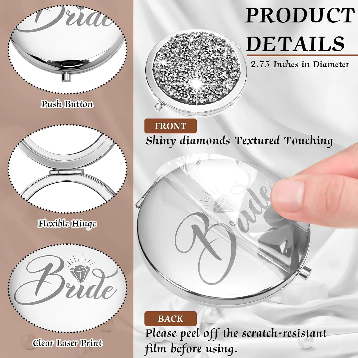 Barydat 10 Pieces Bridesmaid Gifts Set Magnifying Compact Mirror Bride I Do Crew Bridesmaid Proposal Gifts Travel Small Mirror for Purse Makeup Pocket Mirror for Women Wedding Party (Silver)