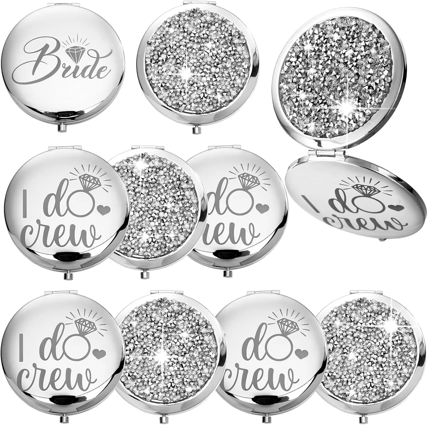 Barydat 10 Pieces Bridesmaid Gifts Set Magnifying Compact Mirror Bride I Do Crew Bridesmaid Proposal Gifts Travel Small Mirror for Purse Makeup Pocket Mirror for Women Wedding Party (Silver)