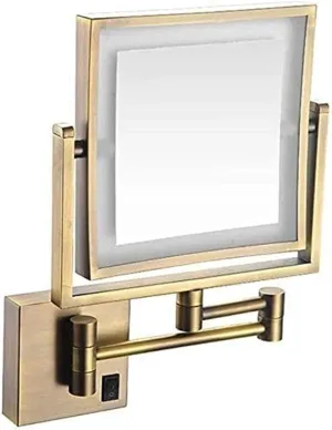 Bathroom LED Makeup Mirror with Light Square Single Sided Folding Telescopic Wall Mounted 3 X Magnification 8 Inches Beauty Mirror Gold