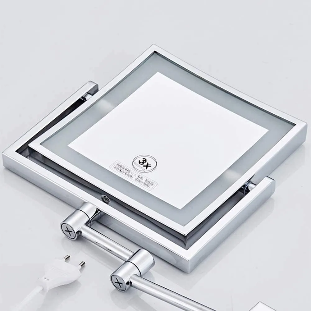 Bathroom LED Makeup Mirror with Light Square Single Sided Folding Telescopic Wall Mounted 3 X Magnification Beauty Mirror