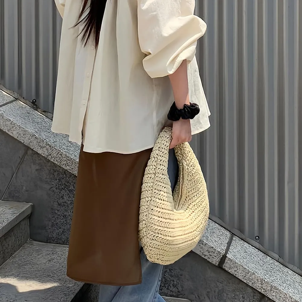 Beach Bag for Women - Straw Tote Bag Crescent Hobo Purse Summer Woven Handbag for Travel Vocation