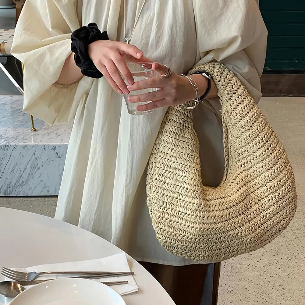 Beach Bag for Women - Straw Tote Bag Crescent Hobo Purse Summer Woven Handbag for Travel Vocation