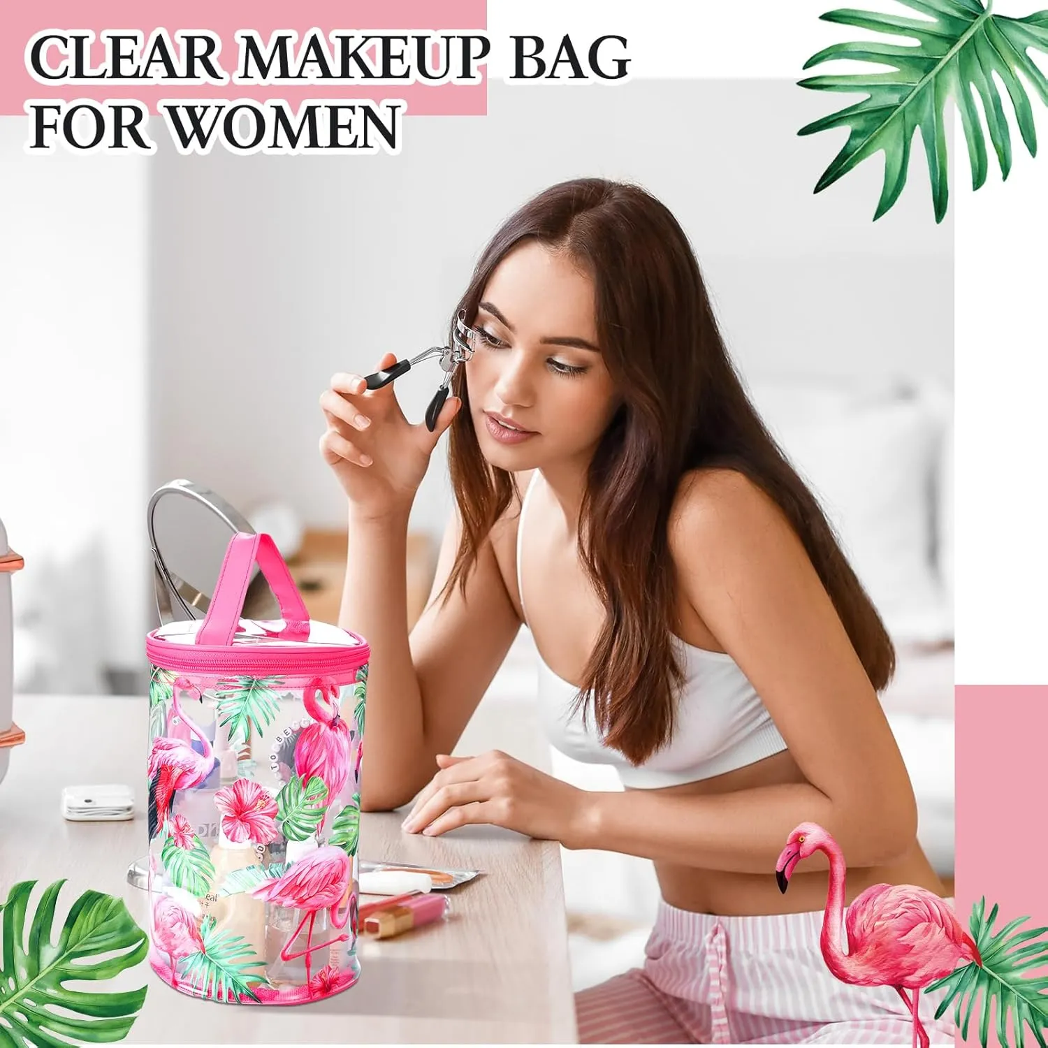 Beach Gifts Heavy Duty Clear Lotion Toiletry Bags for Travel Makeup Bag Cylinder Waterproof Portable Trip Bag Sunscreen Cosmetic Pouch with Handle Zipper(Flamingo)