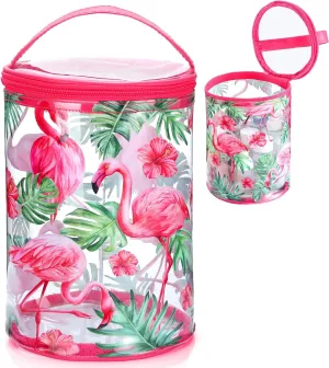 Beach Gifts Heavy Duty Clear Lotion Toiletry Bags for Travel Makeup Bag Cylinder Waterproof Portable Trip Bag Sunscreen Cosmetic Pouch with Handle Zipper(Flamingo)