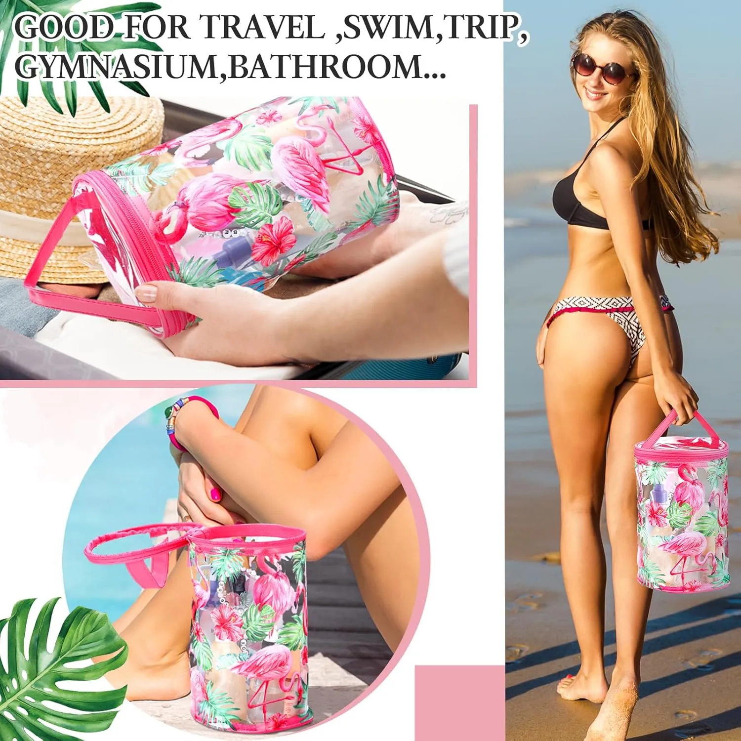 Beach Gifts Heavy Duty Clear Lotion Toiletry Bags for Travel Makeup Bag Cylinder Waterproof Portable Trip Bag Sunscreen Cosmetic Pouch with Handle Zipper(Flamingo)