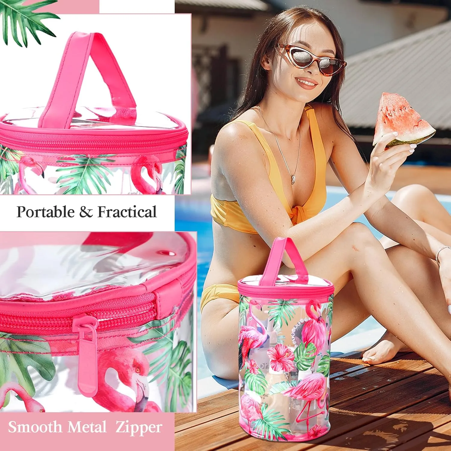 Beach Gifts Heavy Duty Clear Lotion Toiletry Bags for Travel Makeup Bag Cylinder Waterproof Portable Trip Bag Sunscreen Cosmetic Pouch with Handle Zipper(Flamingo)