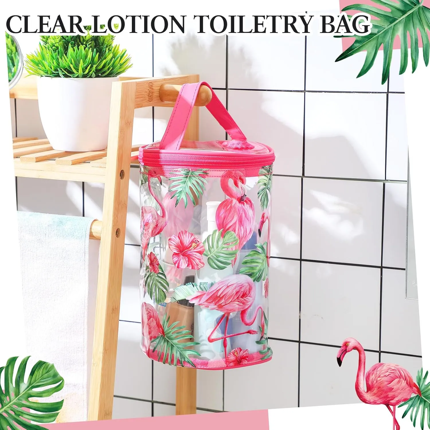 Beach Gifts Heavy Duty Clear Lotion Toiletry Bags for Travel Makeup Bag Cylinder Waterproof Portable Trip Bag Sunscreen Cosmetic Pouch with Handle Zipper(Flamingo)