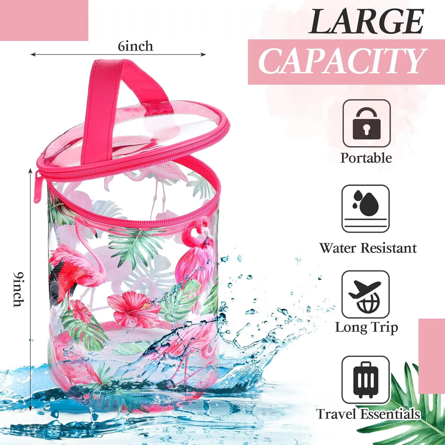Beach Gifts Heavy Duty Clear Lotion Toiletry Bags for Travel Makeup Bag Cylinder Waterproof Portable Trip Bag Sunscreen Cosmetic Pouch with Handle Zipper(Flamingo)