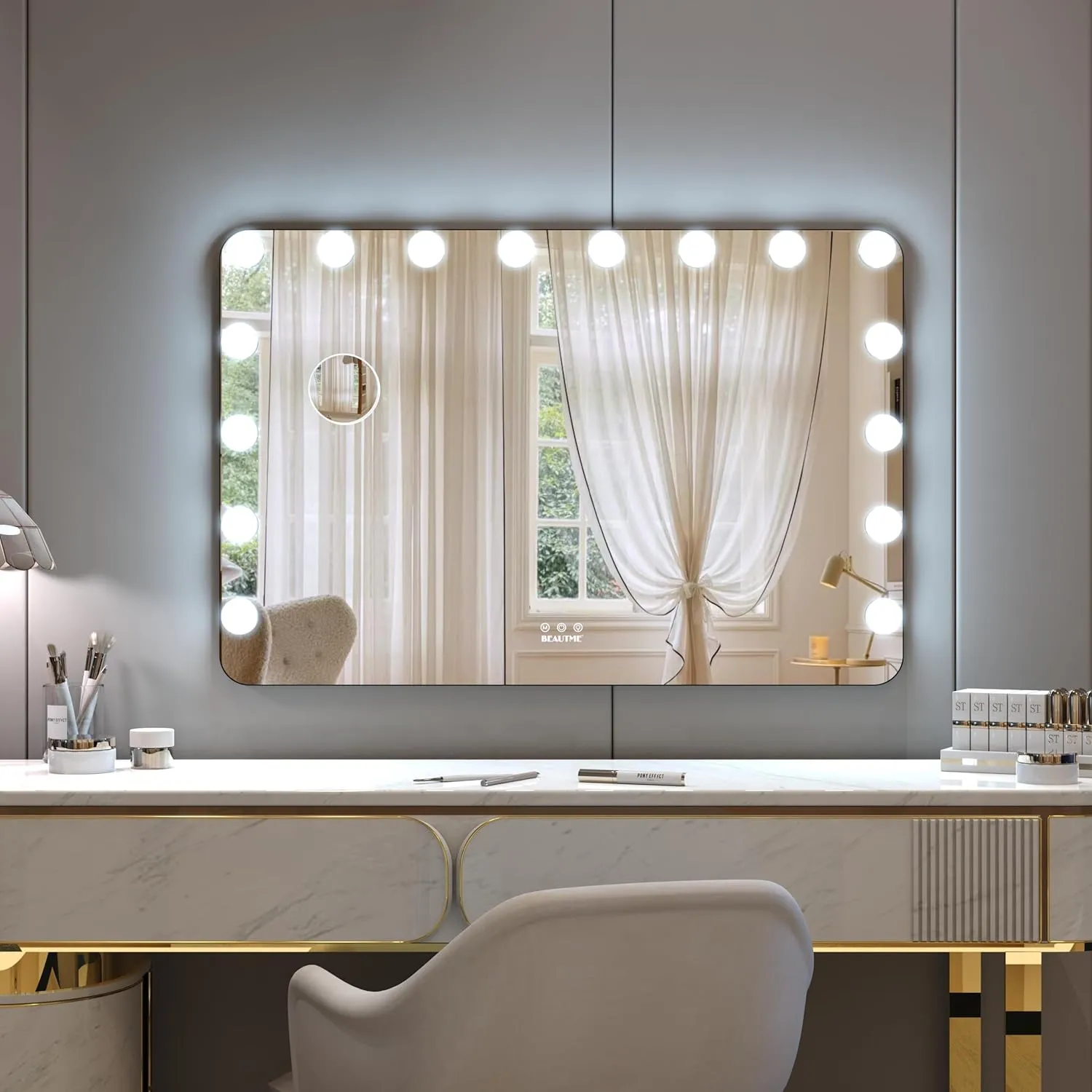 BEAUTME Large Vanity Mirror with Lights, 36''×24'' Makeup Mirror, Light up Mirror with 16 Dimmable LED Lights and 10X Magnification, 3 Lighting Modes, Touch Control