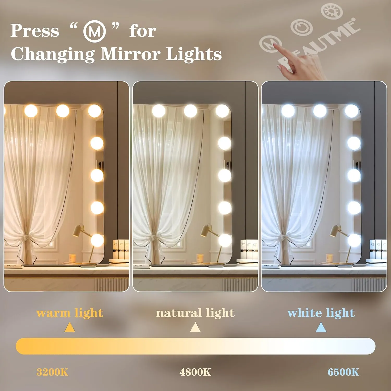 BEAUTME Large Vanity Mirror with Lights, 36''×24'' Makeup Mirror, Light up Mirror with 16 Dimmable LED Lights and 10X Magnification, 3 Lighting Modes, Touch Control