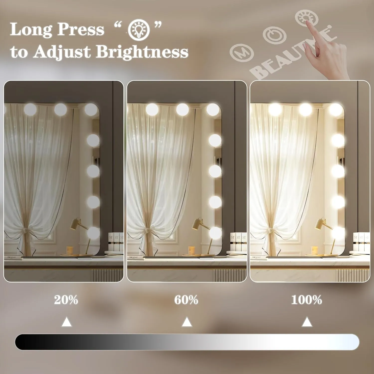 BEAUTME Large Vanity Mirror with Lights, 36''×24'' Makeup Mirror, Light up Mirror with 16 Dimmable LED Lights and 10X Magnification, 3 Lighting Modes, Touch Control