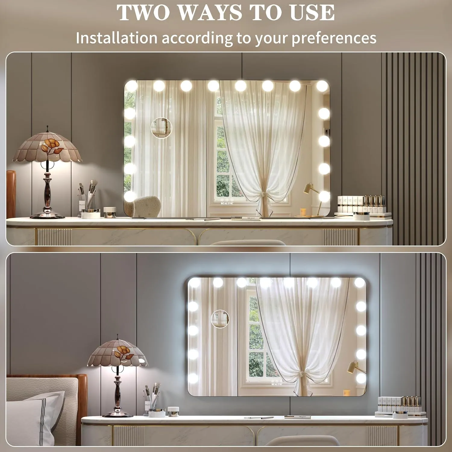 BEAUTME Large Vanity Mirror with Lights, 36''×24'' Makeup Mirror, Light up Mirror with 16 Dimmable LED Lights and 10X Magnification, 3 Lighting Modes, Touch Control