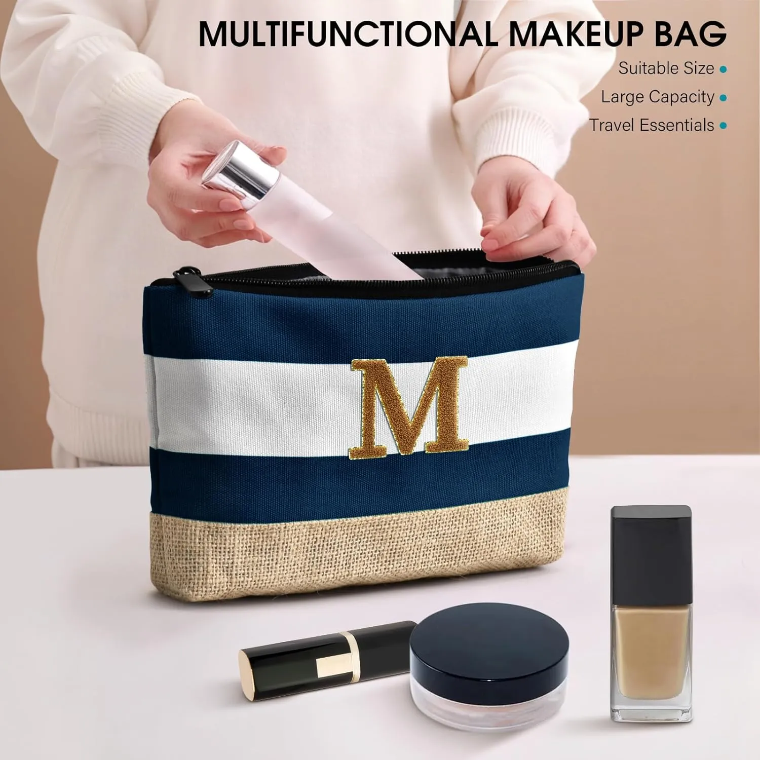 Becokan Beach Bag Initial Beach Tote with Makeup Bag for Travel Work Storage Personalized Birthday Gifts for Women Her