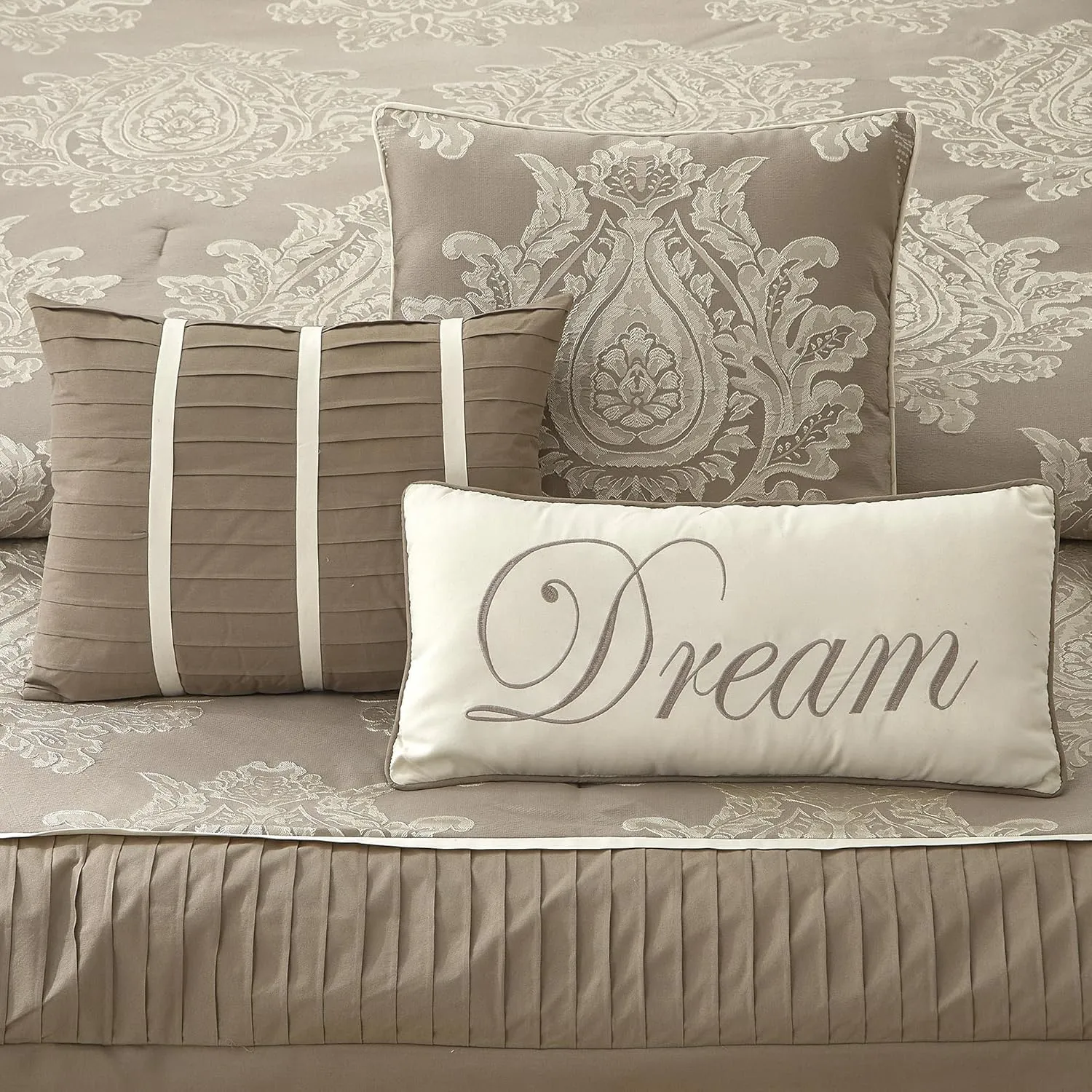 Beige California King Comforter Set 7 Pieces, Jacquard Woven with Damask, Bedding Set in a Bag Includes Comforter, Bed Skirt, Pillow Shams, and Decorative Pillows