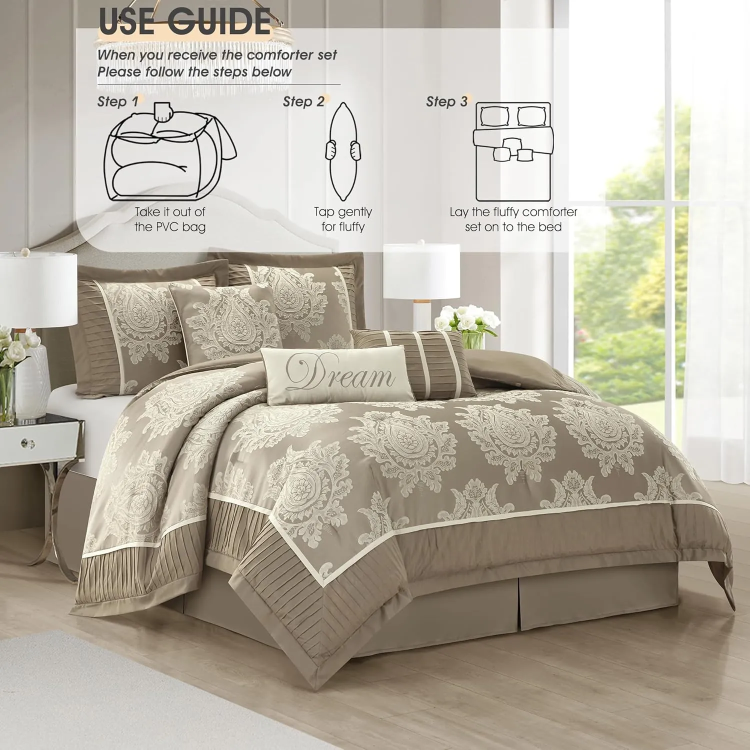 Beige California King Comforter Set 7 Pieces, Jacquard Woven with Damask, Bedding Set in a Bag Includes Comforter, Bed Skirt, Pillow Shams, and Decorative Pillows