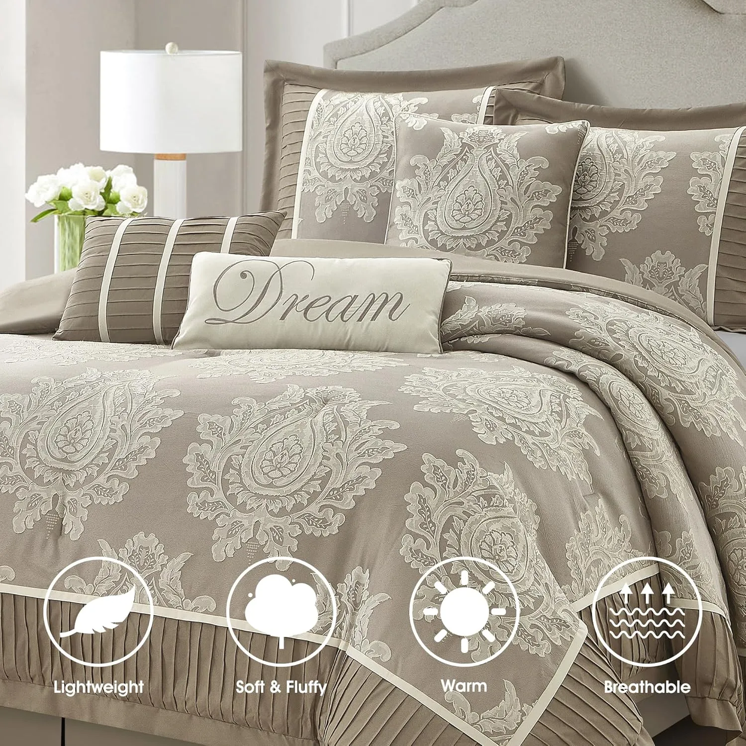 Beige California King Comforter Set 7 Pieces, Jacquard Woven with Damask, Bedding Set in a Bag Includes Comforter, Bed Skirt, Pillow Shams, and Decorative Pillows