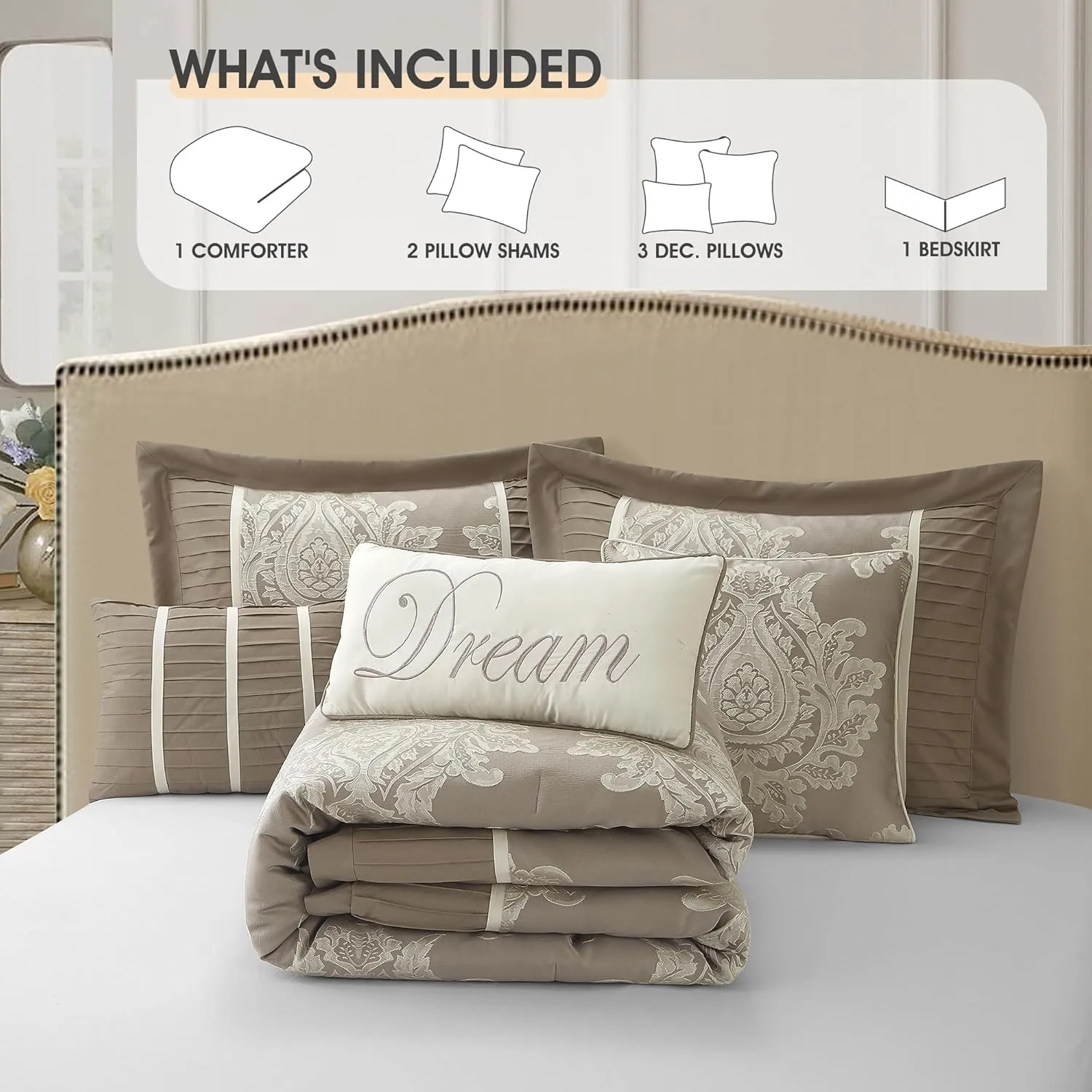 Beige California King Comforter Set 7 Pieces, Jacquard Woven with Damask, Bedding Set in a Bag Includes Comforter, Bed Skirt, Pillow Shams, and Decorative Pillows