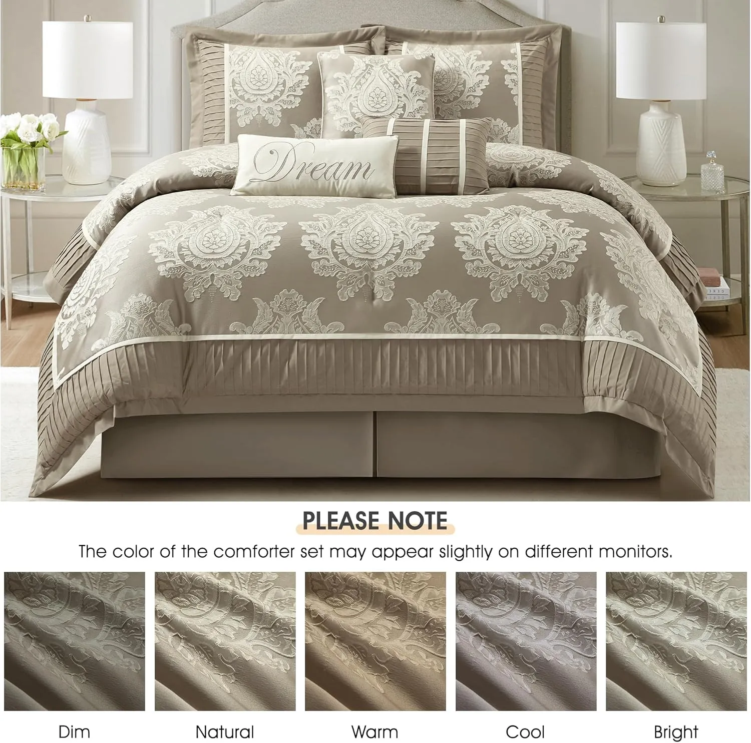 Beige California King Comforter Set 7 Pieces, Jacquard Woven with Damask, Bedding Set in a Bag Includes Comforter, Bed Skirt, Pillow Shams, and Decorative Pillows