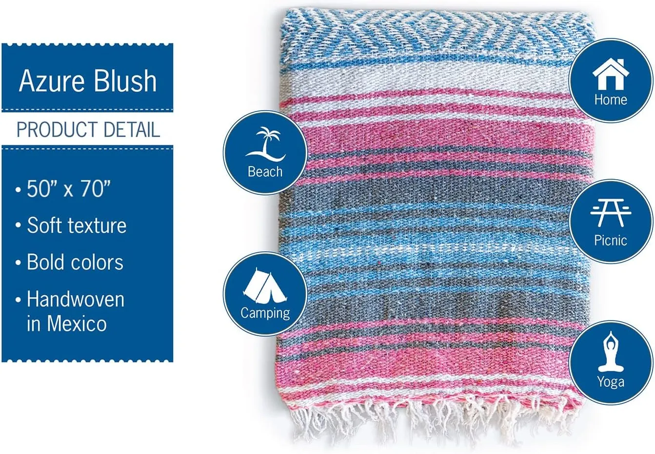 Benevolence LA Authentic Handwoven Mexican Blanket | Yoga Blankets, Outdoor, Picnic, Beach, Camping | Equestrian Saddle | Serape 50x70 inches - Azure, Pack of 1