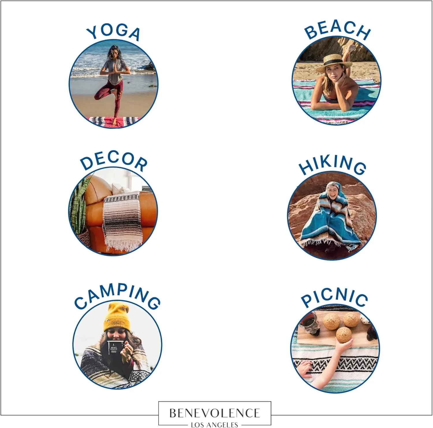 Benevolence LA Authentic Handwoven Mexican Blanket | Yoga Blankets, Outdoor, Picnic, Beach, Camping | Equestrian Saddle | Serape 50x70 inches - Azure, Pack of 1