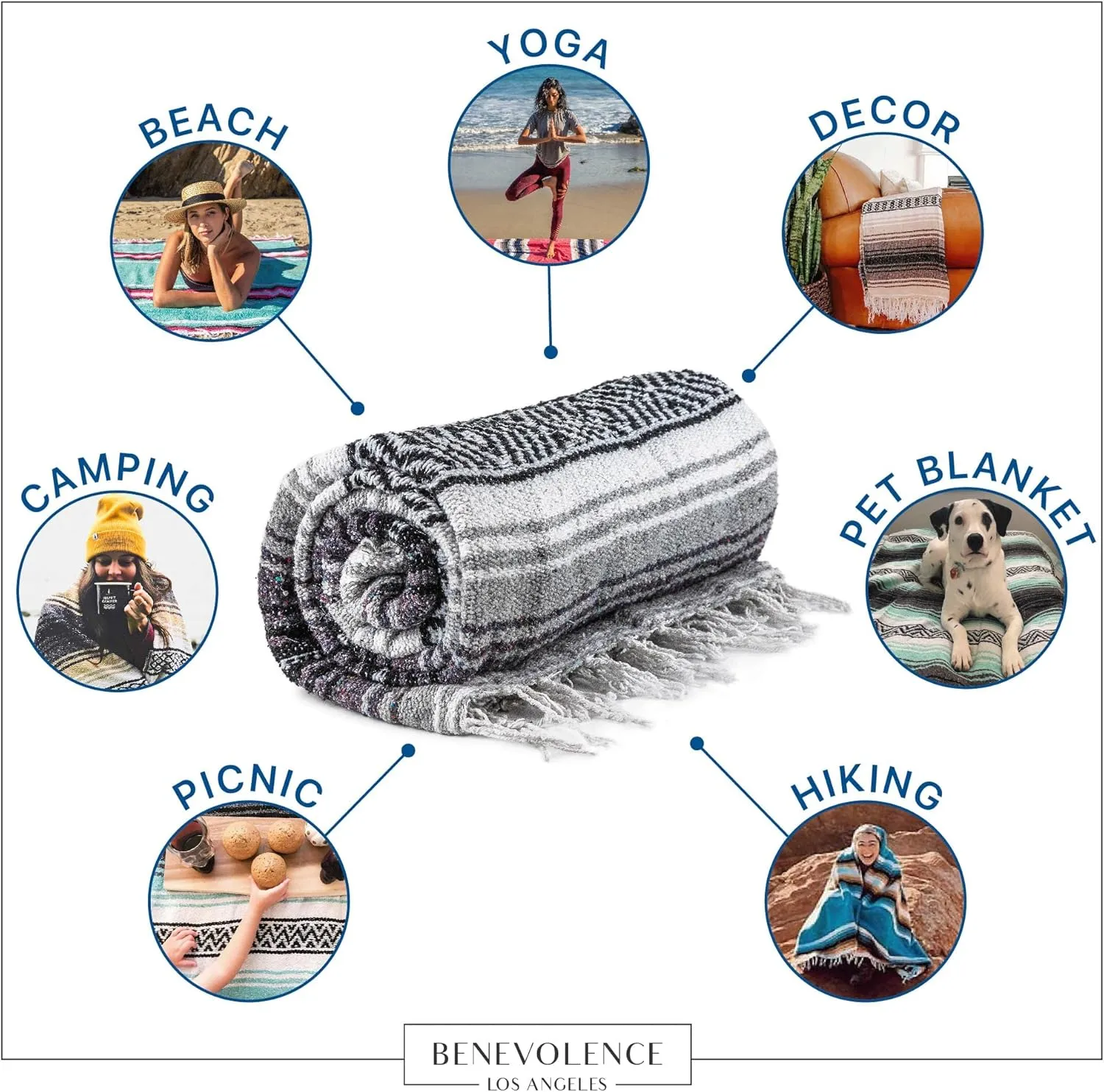 Benevolence LA Authentic Handwoven Mexican Blanket | Yoga Blankets, Outdoor, Picnic, Beach, Camping | Equestrian Saddle | Serape 50x70 inches - Gray, Pack of 1