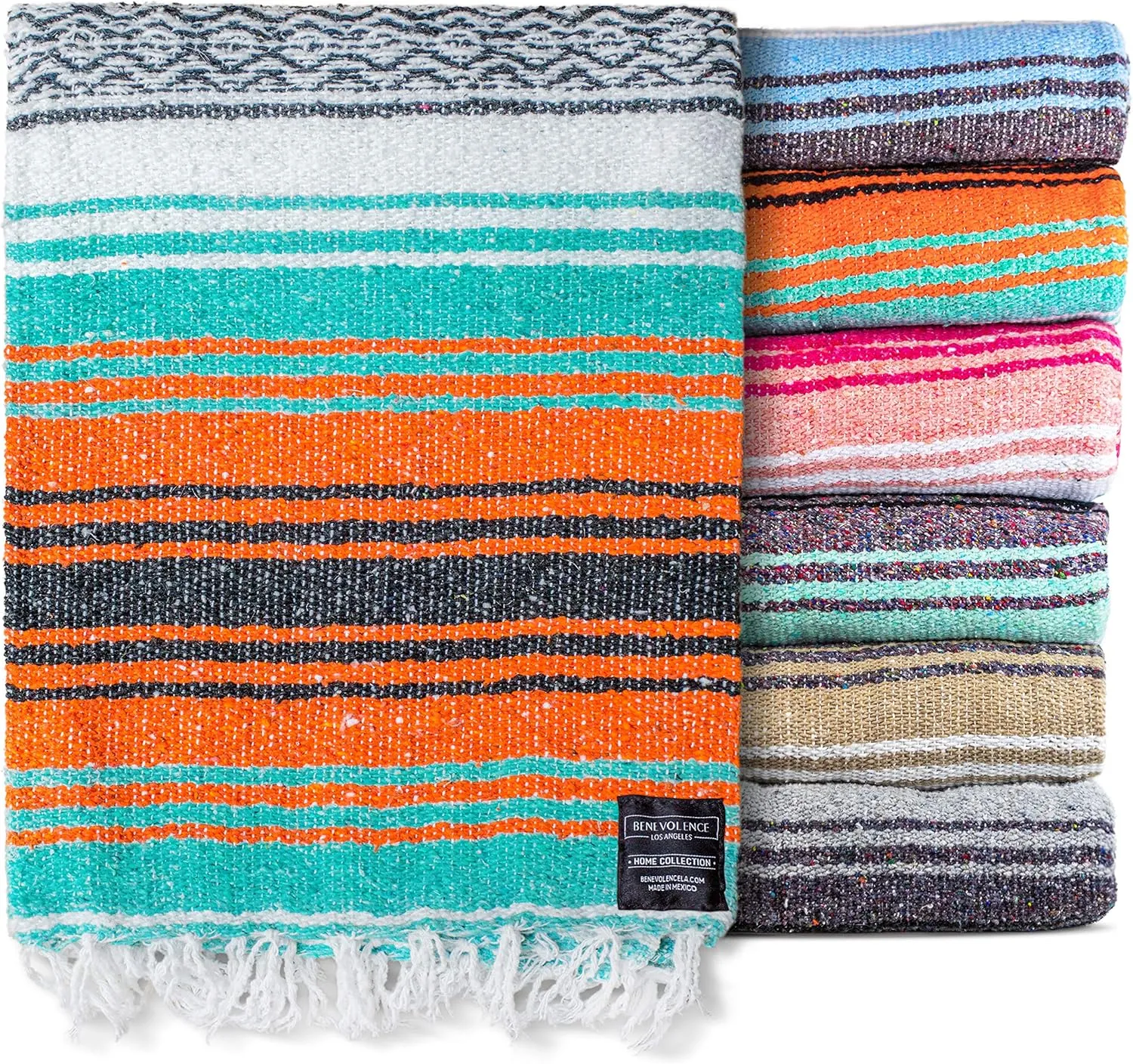 Benevolence LA Authentic Handwoven Mexican Blanket | Yoga Blankets, Outdoor, Picnic, Beach, Camping | Equestrian Saddle | Serape 50x70 inches - Mandarin, Pack of 1