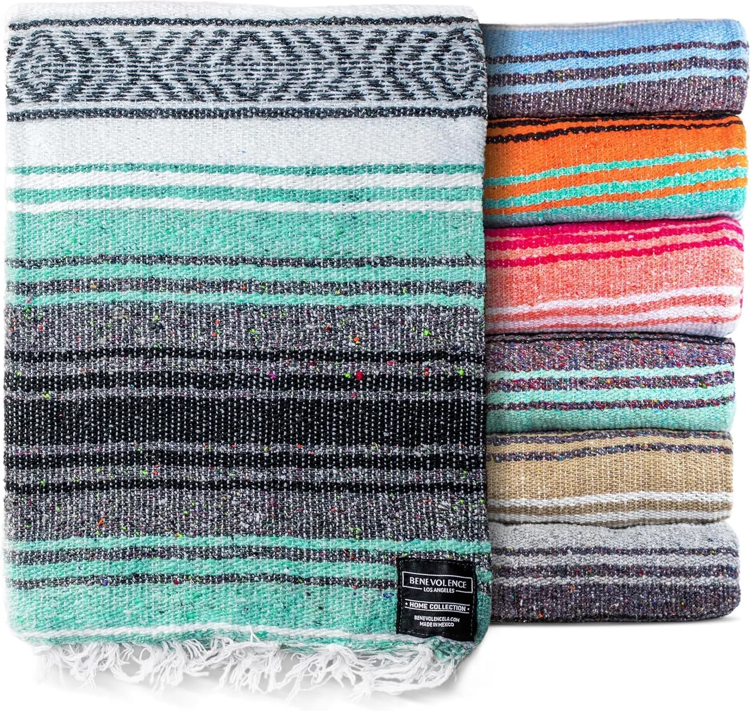 Benevolence LA Authentic Handwoven Mexican Blanket | Yoga Blankets, Outdoor, Picnic, Beach, Camping | Equestrian Saddle | Serape 50x70 inches - Mint, Pack of 1