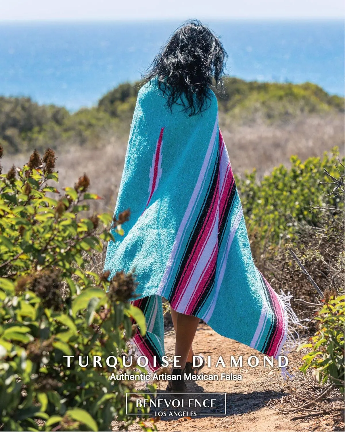 Benevolence LA Mexican Saddle & Outdoor Blanket, Handwoven by Traditional Artisans - Aqua, 75 x 52