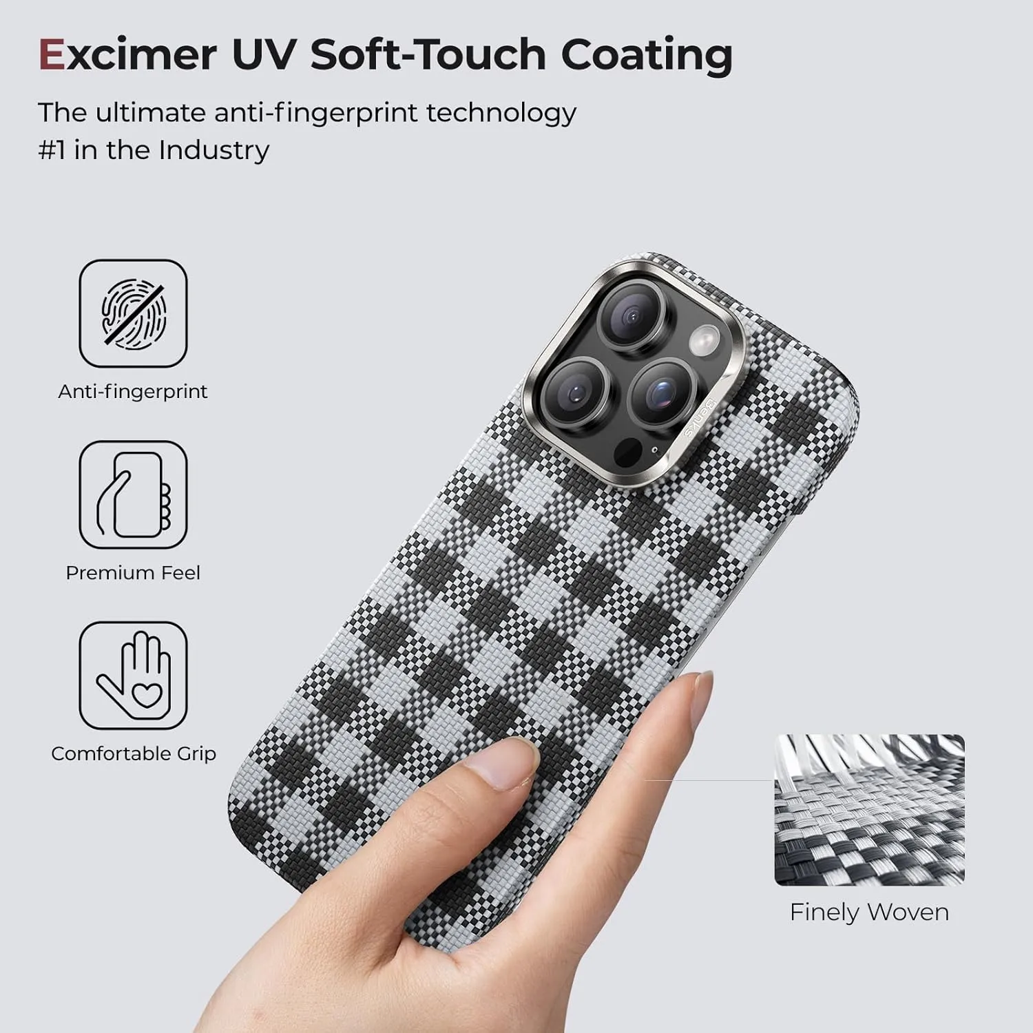 BENKS ArmorVichy Case for iPhone 16 Pro Max, MagSafe Compatible Slim Protective Case Built with Dupont Kevlar Fiber, Anti-Fingerprint UV Finish, Vichy Check Design, Black