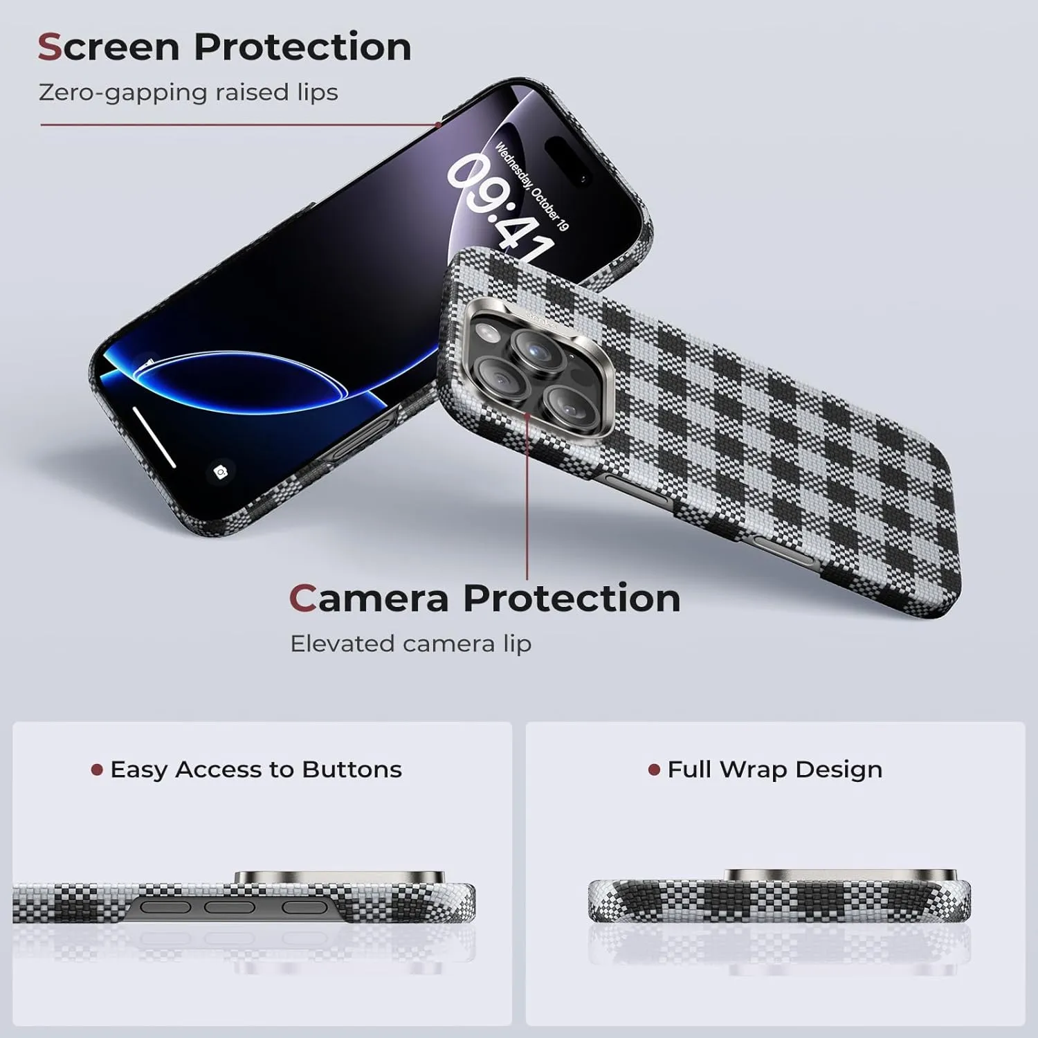 BENKS ArmorVichy Case for iPhone 16 Pro Max, MagSafe Compatible Slim Protective Case Built with Dupont Kevlar Fiber, Anti-Fingerprint UV Finish, Vichy Check Design, Black