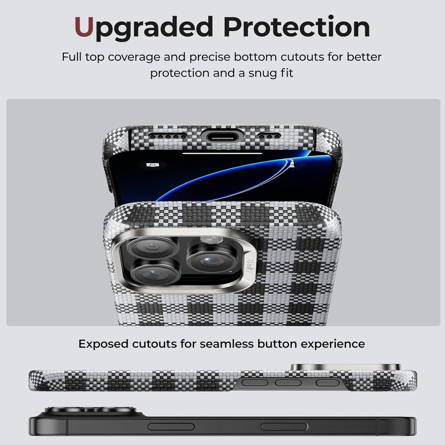 BENKS ArmorVichy Case for iPhone 16 Pro Max, MagSafe Compatible Slim Protective Case Built with Dupont Kevlar Fiber, Anti-Fingerprint UV Finish, Vichy Check Design, Black