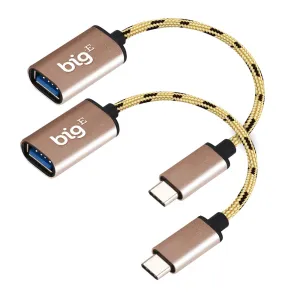 Big-E Turbo 5Gbps USB-C to USB 3.0 Adapter [2Pack] Compatible with Meizu Pro 5 for Full USB OTG On-The-Go Thunderbolt 3/4 Short Connector USBC Male to USB Female (Gold)