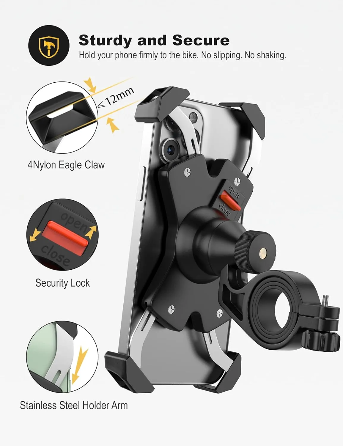 Bike Phone Mount Metal Motorcycle Handlebar Phone Holder Scooter Phone Clamp for 4.0-7.0 Inch Smartphone with 360° Rotation